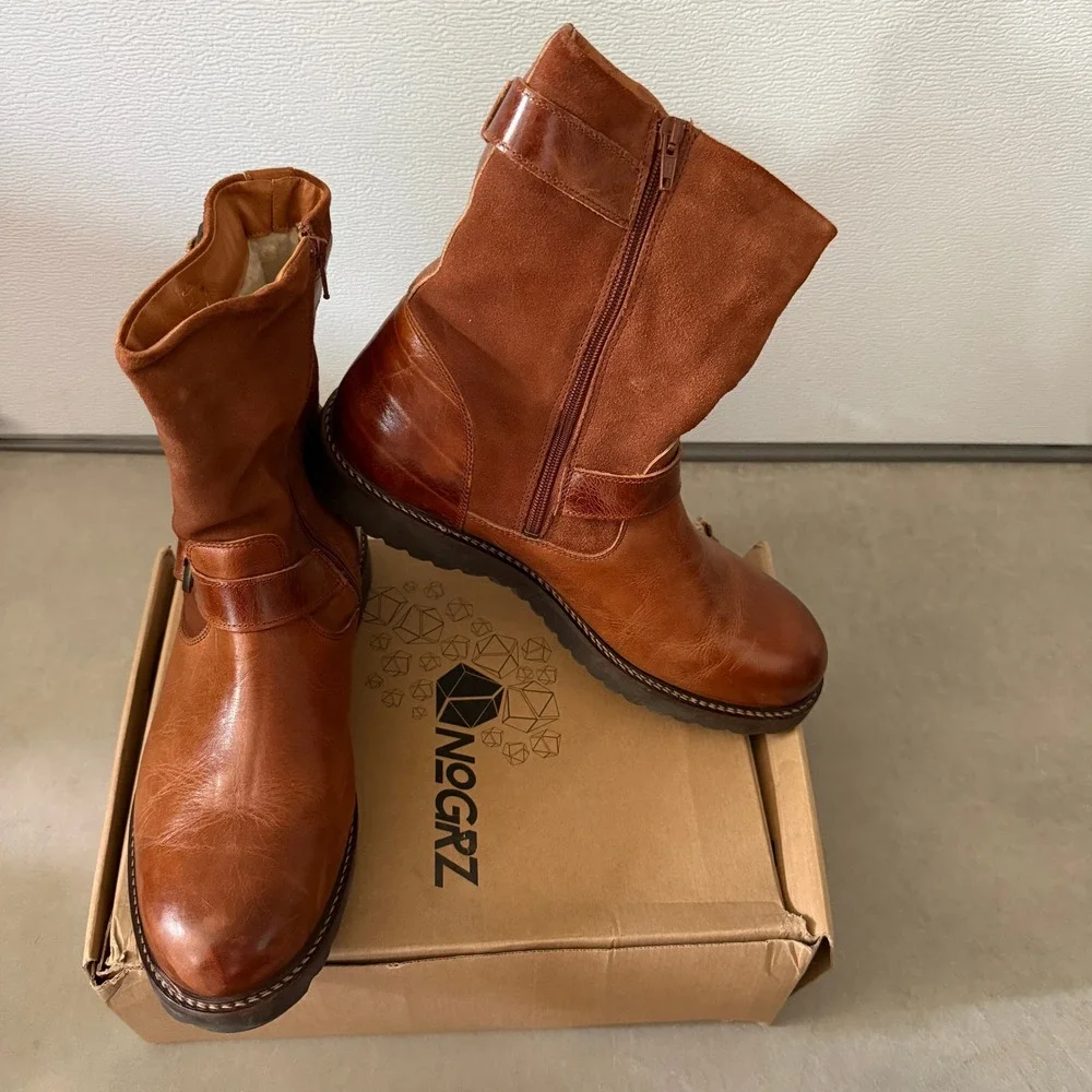 NoGRZ I.Jones Men Cognac Leather Suede Shearling Boots EU 45 Made in Portugal